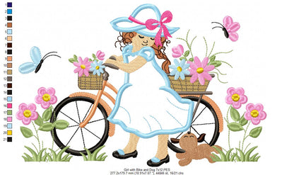 Beautiful Girl, Bike and Dog - Applique - Machine Embroidery Design