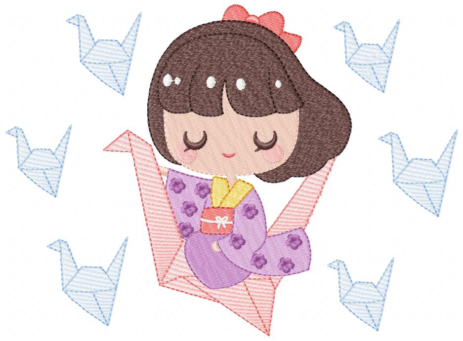 Girl with Origamis - Fill Stitch