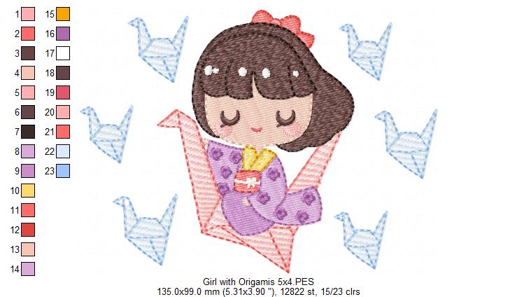 Girl with Origamis - Fill Stitch