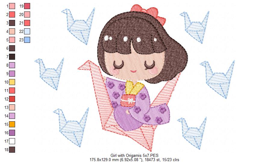 Girl with Origamis - Fill Stitch