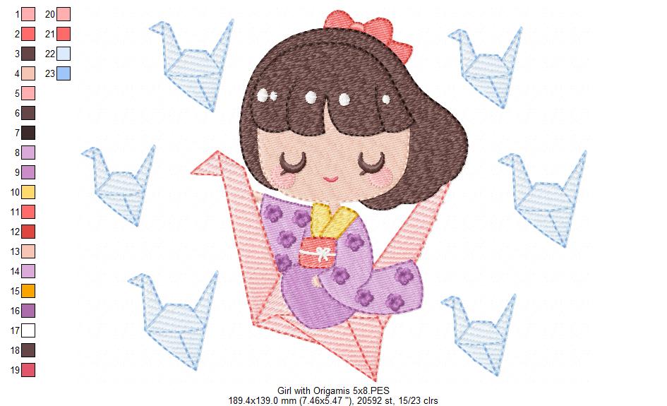 Girl with Origamis - Fill Stitch
