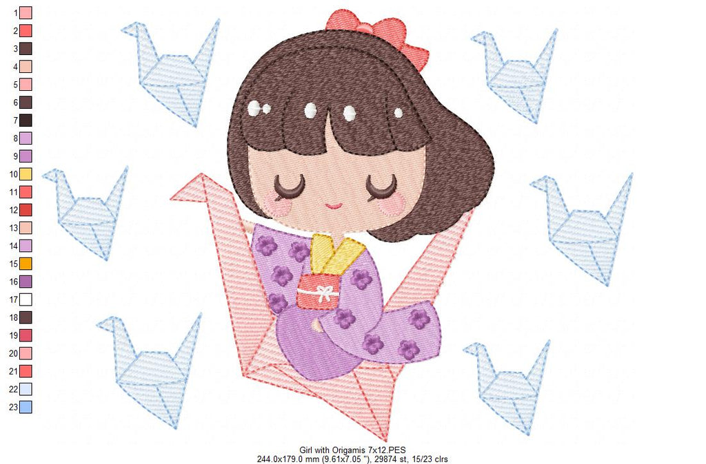 Girl with Origamis - Fill Stitch