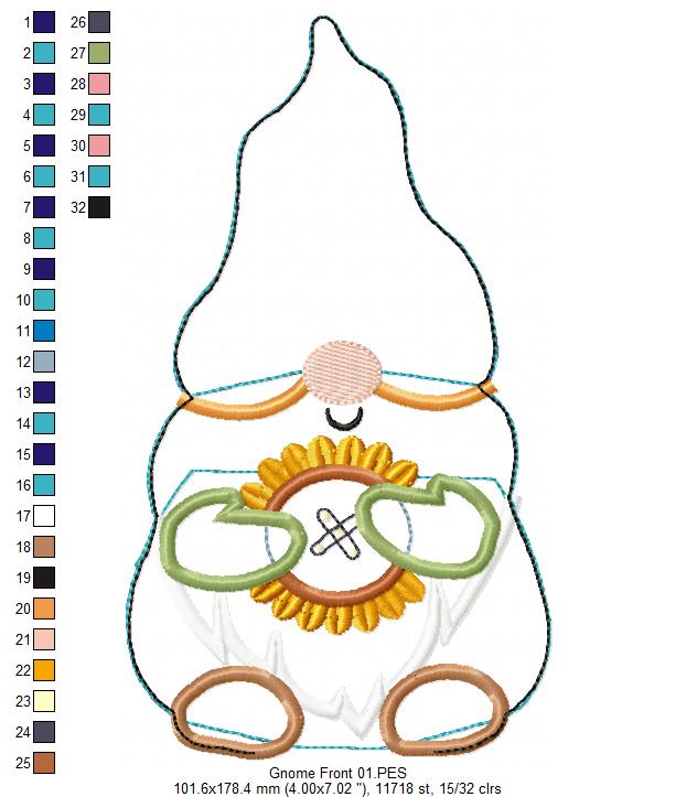 Sunflower Gnome Stuffie - ITH Project - Machine Embroidery Design