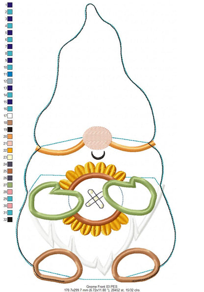 Sunflower Gnome Stuffie - ITH Project - Machine Embroidery Design