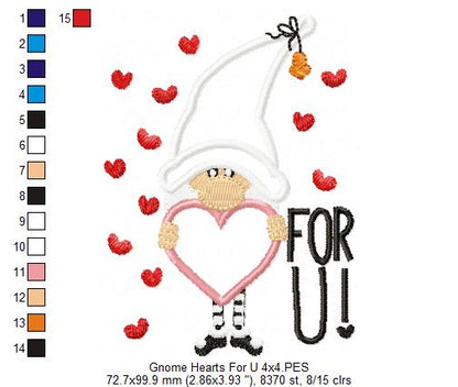 Gnome Hearts For U – Appliqué – Machine Embroidery Design