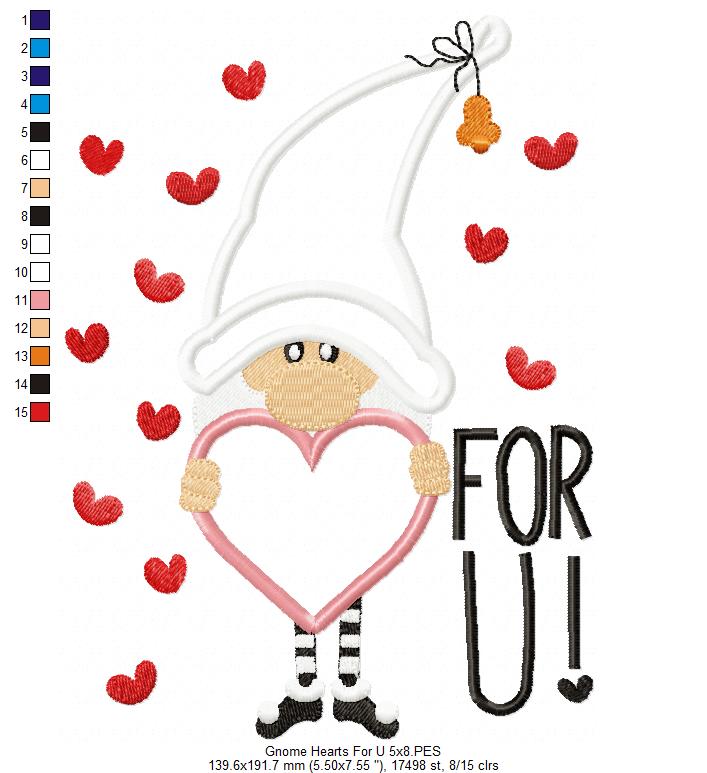 Gnome Hearts For U – Appliqué – Machine Embroidery Design