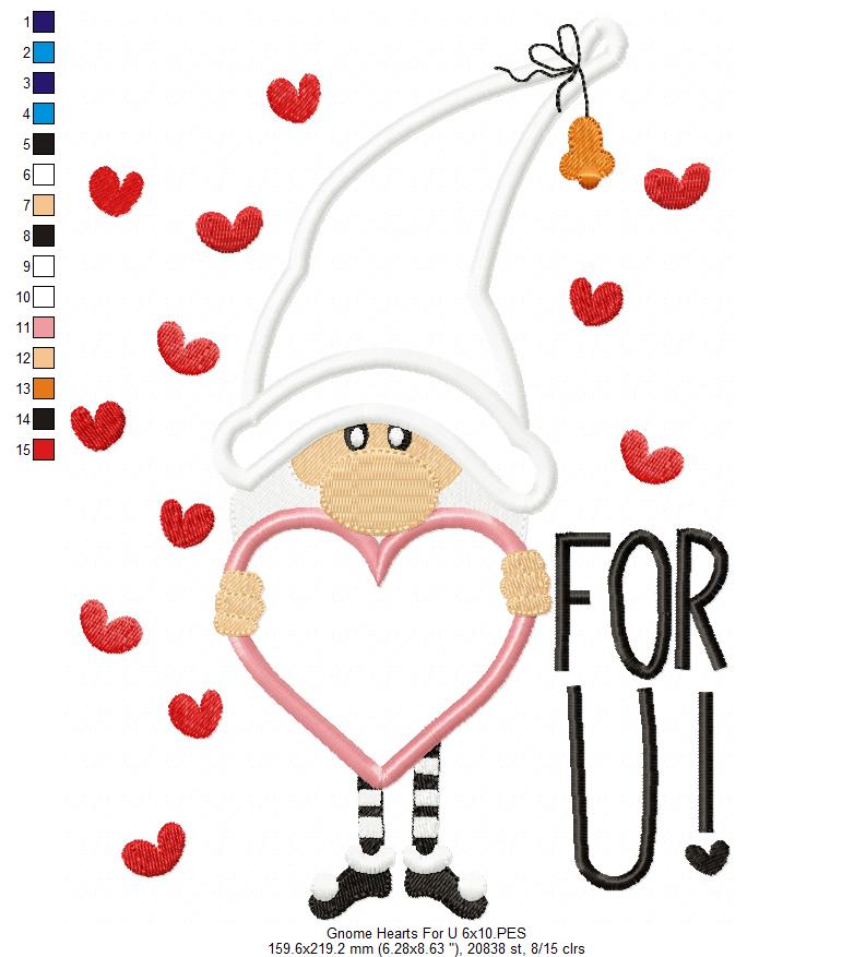 Gnome Hearts For U – Appliqué – Machine Embroidery Design