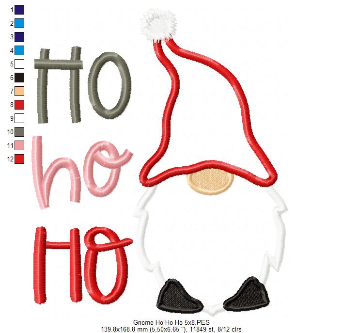 Christmas Gnome Ho Ho Ho - Applique Embroidery