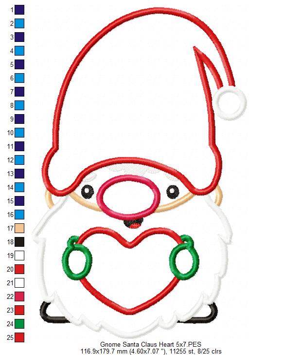 Christmas Gnome Santa Claus Heart - Applique Embroidery
