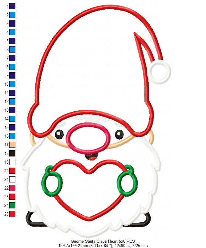 Christmas Gnome Santa Claus Heart - Applique Embroidery