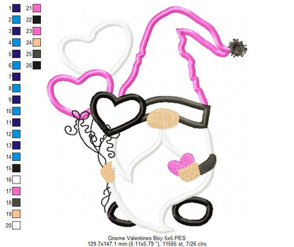 Valentines Gnome Boy with Balloons - Applique Embroidery