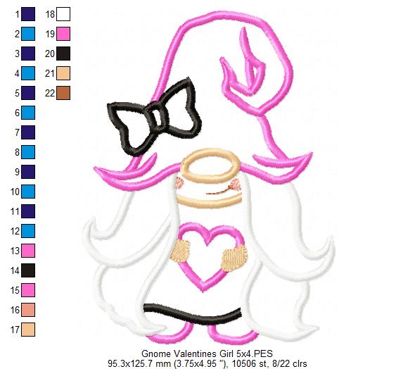 Valentines Gnome Girl with Heart - Applique Embroidery