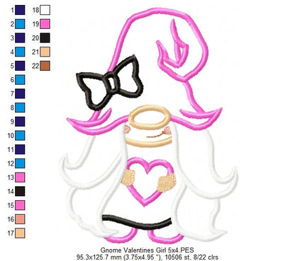 Valentines Gnome Girl with Heart - Applique Embroidery