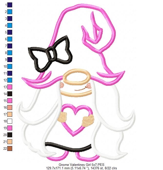 Valentines Gnome Girl with Heart - Applique Embroidery