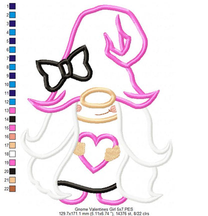 Valentines Gnome Girl with Heart - Applique Embroidery