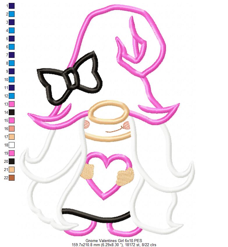 Valentines Gnome Girl with Heart - Applique Embroidery