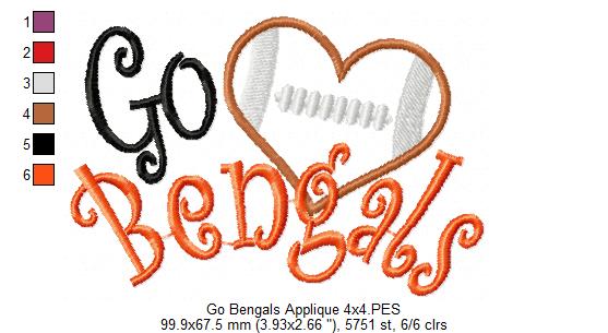 Go Bengals Football Heart – Appliqué – Machine Embroidery Design
