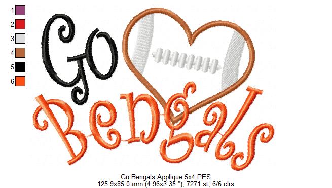 Go Bengals Football Heart – Appliqué – Machine Embroidery Design
