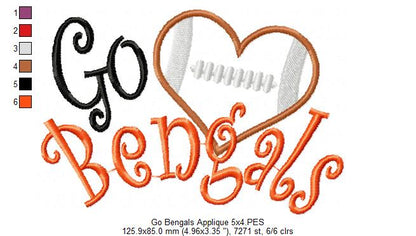 Go Bengals Football Heart – Appliqué – Machine Embroidery Design