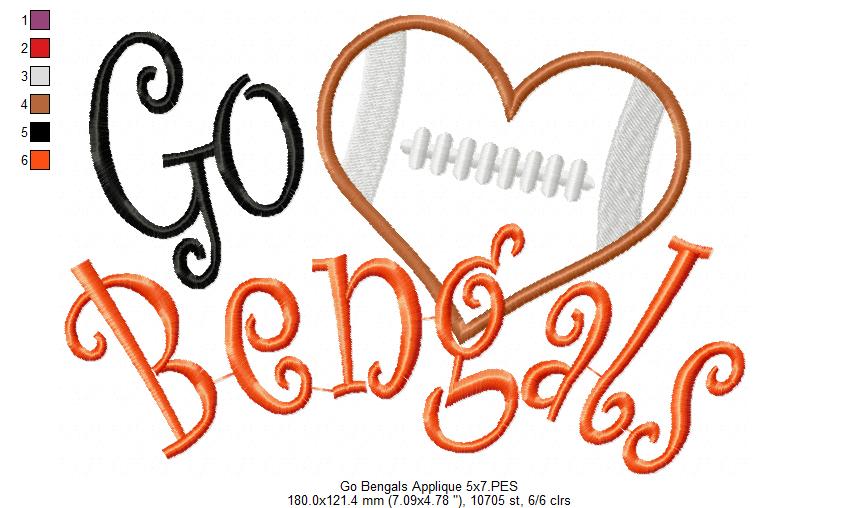 Go Bengals Football Heart – Appliqué – Machine Embroidery Design