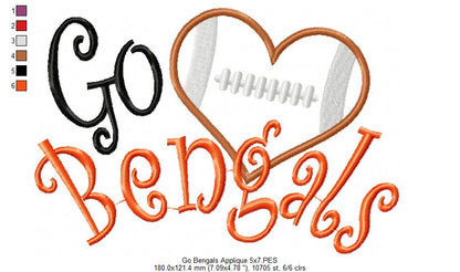 Go Bengals Football Heart – Appliqué – Machine Embroidery Design
