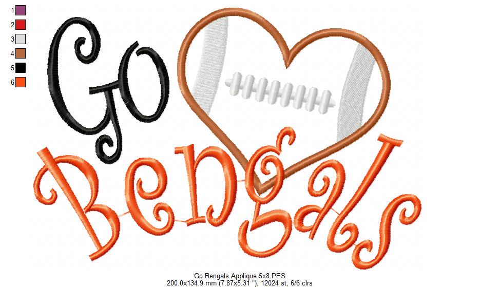 Go Bengals Football Heart – Appliqué – Machine Embroidery Design