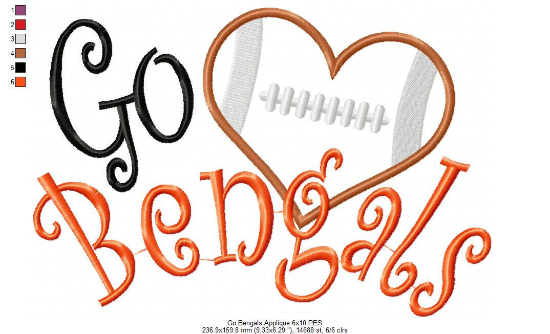 Go Bengals Football Heart – Appliqué – Machine Embroidery Design