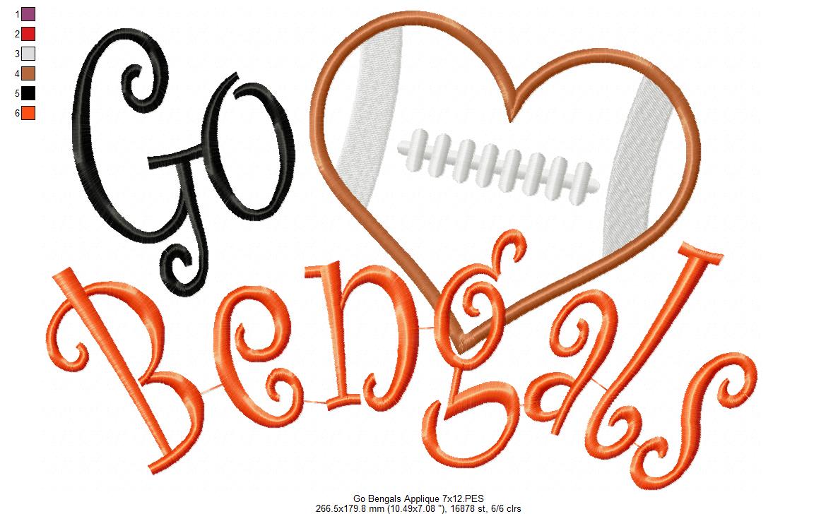 Go Bengals Football Heart – Appliqué – Machine Embroidery Design