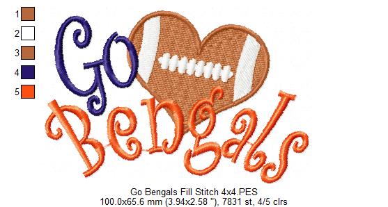 Go Bengals Football Heart – Fill Stitch – Machine Embroidery Design