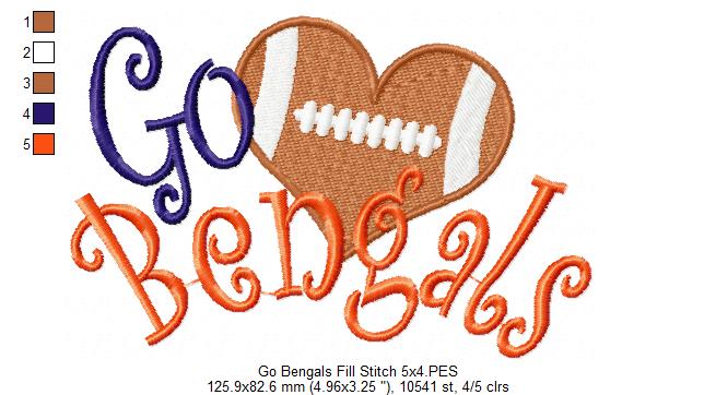 Go Bengals Football Heart – Fill Stitch – Machine Embroidery Design