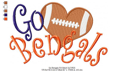 Go Bengals Football Heart – Fill Stitch – Machine Embroidery Design
