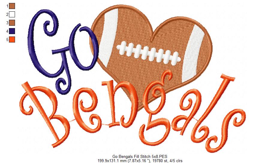 Go Bengals Football Heart – Fill Stitch – Machine Embroidery Design