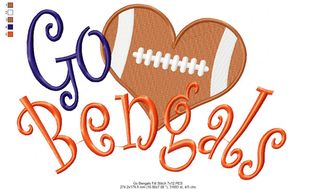 Go Bengals Football Heart – Fill Stitch – Machine Embroidery Design