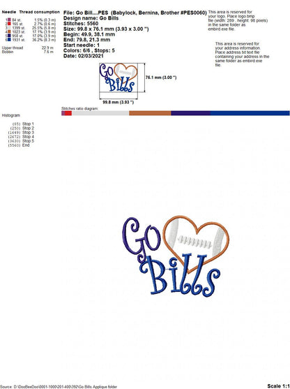 Go Bills Football Heart – Appliqué – Machine Embroidery Design