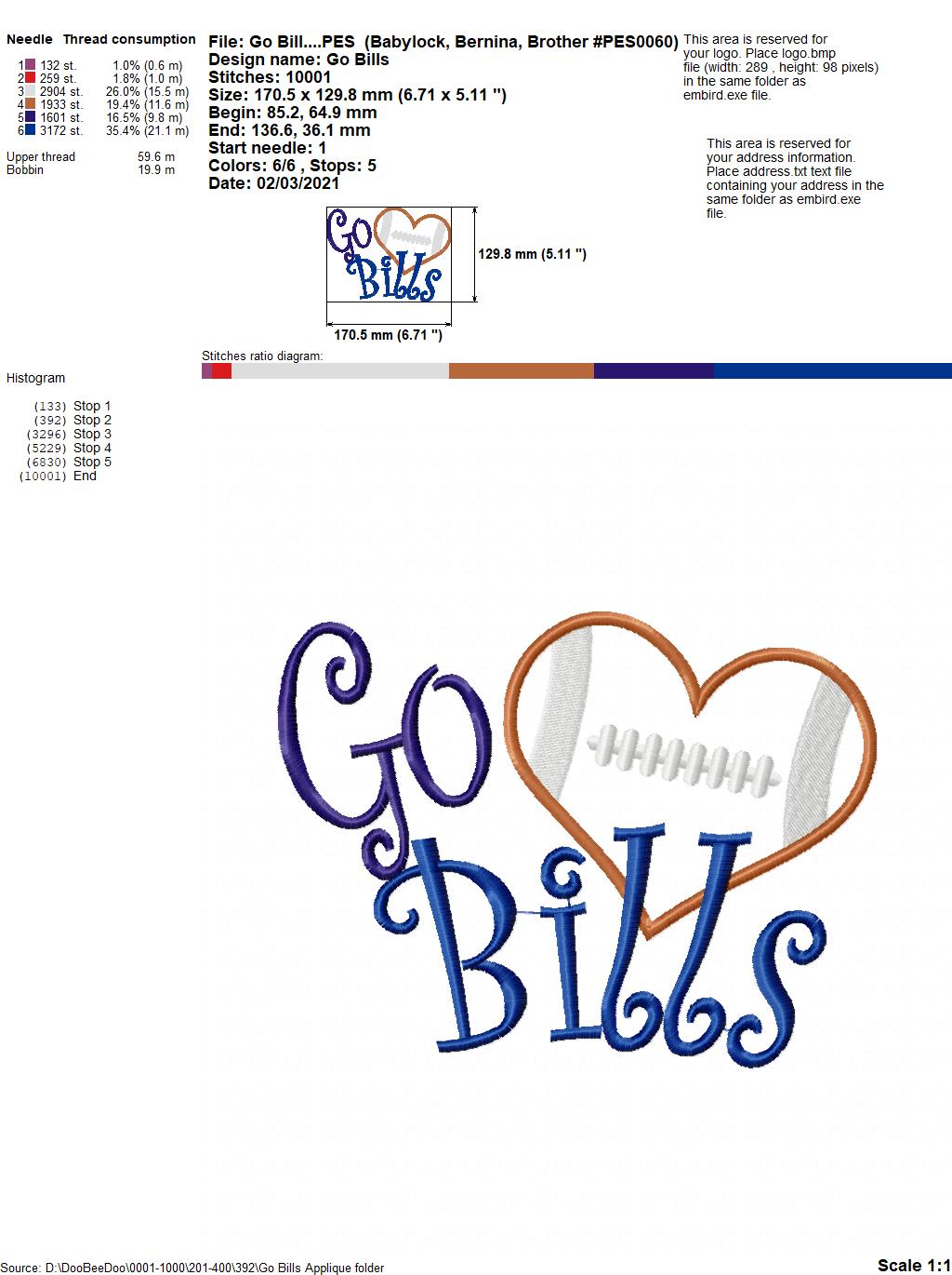 Go Bills Football Heart – Appliqué – Machine Embroidery Design