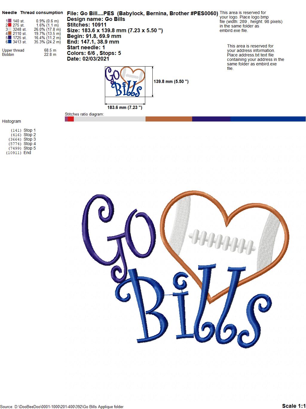 Go Bills Football Heart – Appliqué – Machine Embroidery Design