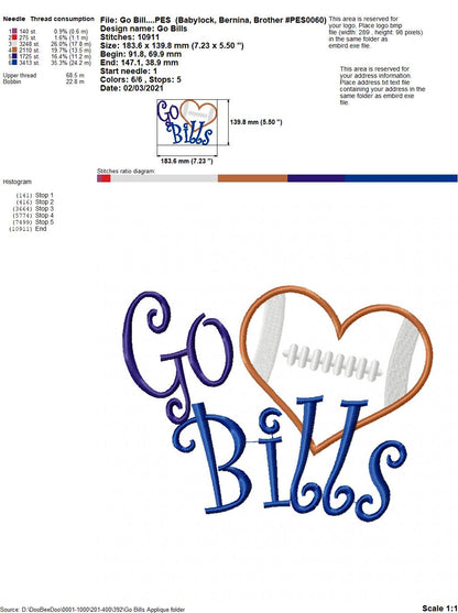 Go Bills Football Heart – Appliqué – Machine Embroidery Design