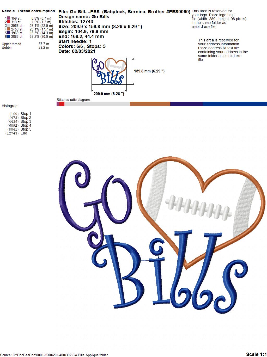 Go Bills Football Heart – Appliqué – Machine Embroidery Design