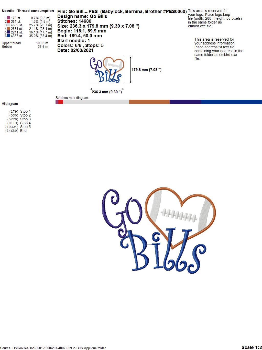 Go Bills Football Heart – Appliqué – Machine Embroidery Design