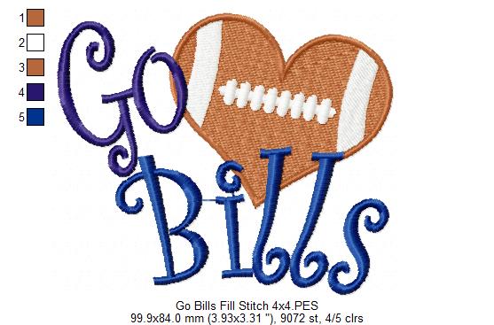 Go Bills Football Heart – Fill Stitch – Machine Embroidery Design