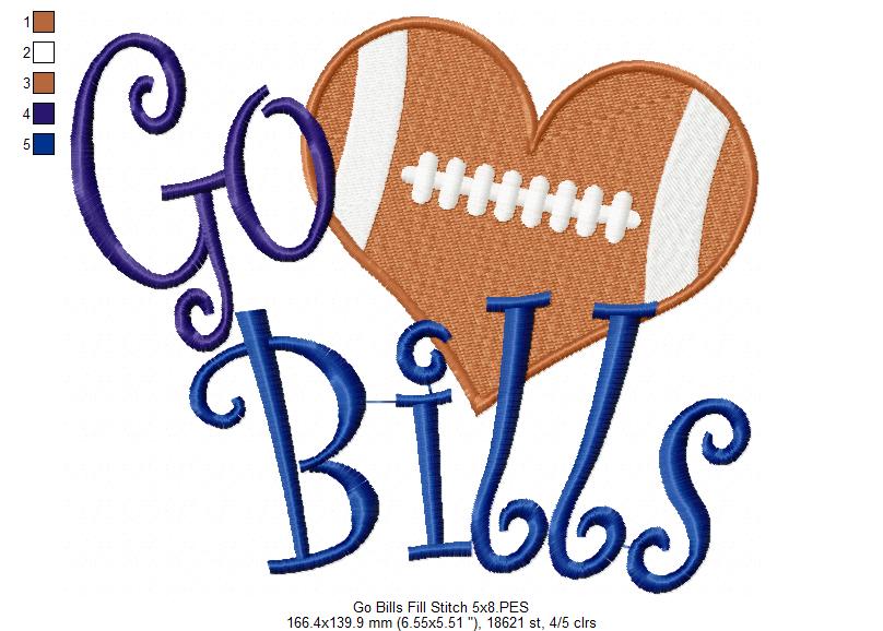 Go Bills Football Heart – Fill Stitch – Machine Embroidery Design
