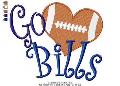 Go Bills Football Heart – Fill Stitch – Machine Embroidery Design