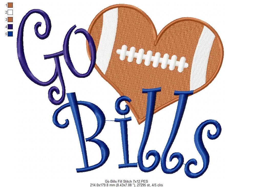 Go Bills Football Heart – Fill Stitch – Machine Embroidery Design
