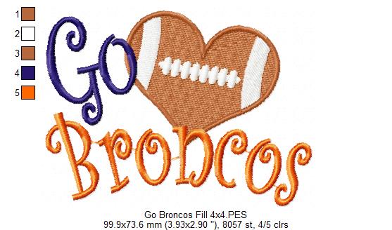 Go Broncos Football Heart – Fill Stitch – Machine Embroidery Design