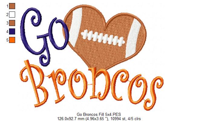 Go Broncos Football Heart – Fill Stitch – Machine Embroidery Design