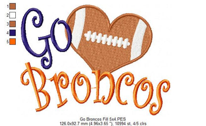 Go Broncos Football Heart – Fill Stitch – Machine Embroidery Design