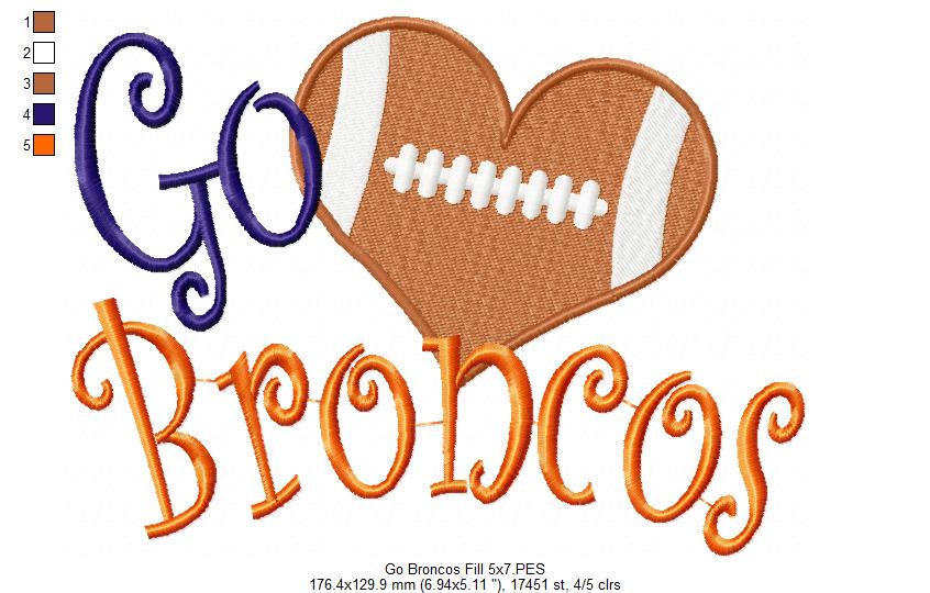 Go Broncos Football Heart – Fill Stitch – Machine Embroidery Design