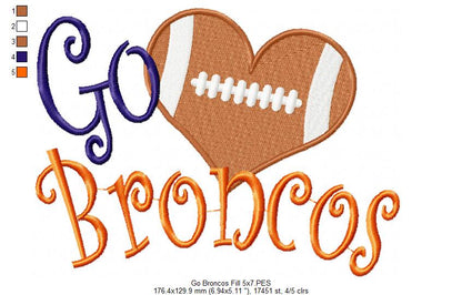 Go Broncos Football Heart – Fill Stitch – Machine Embroidery Design