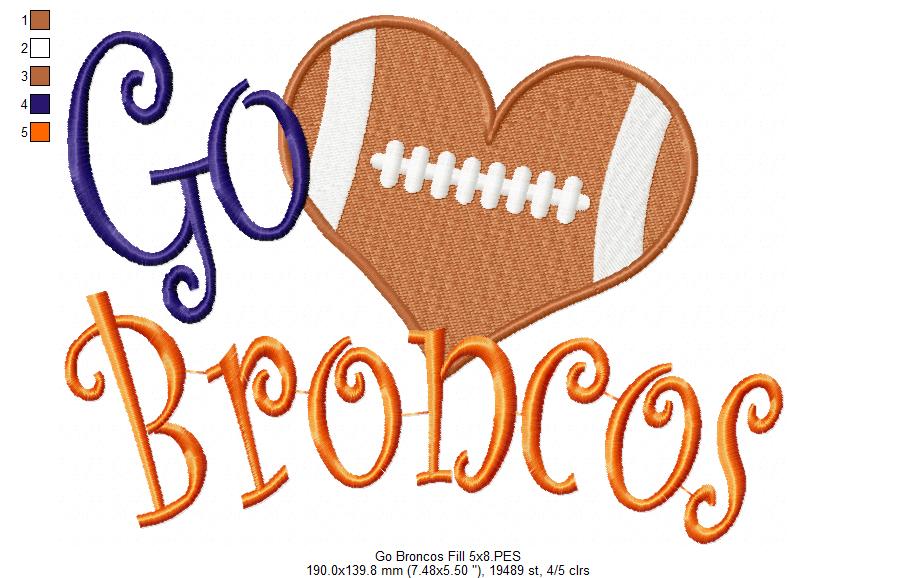 Go Broncos Football Heart – Fill Stitch – Machine Embroidery Design
