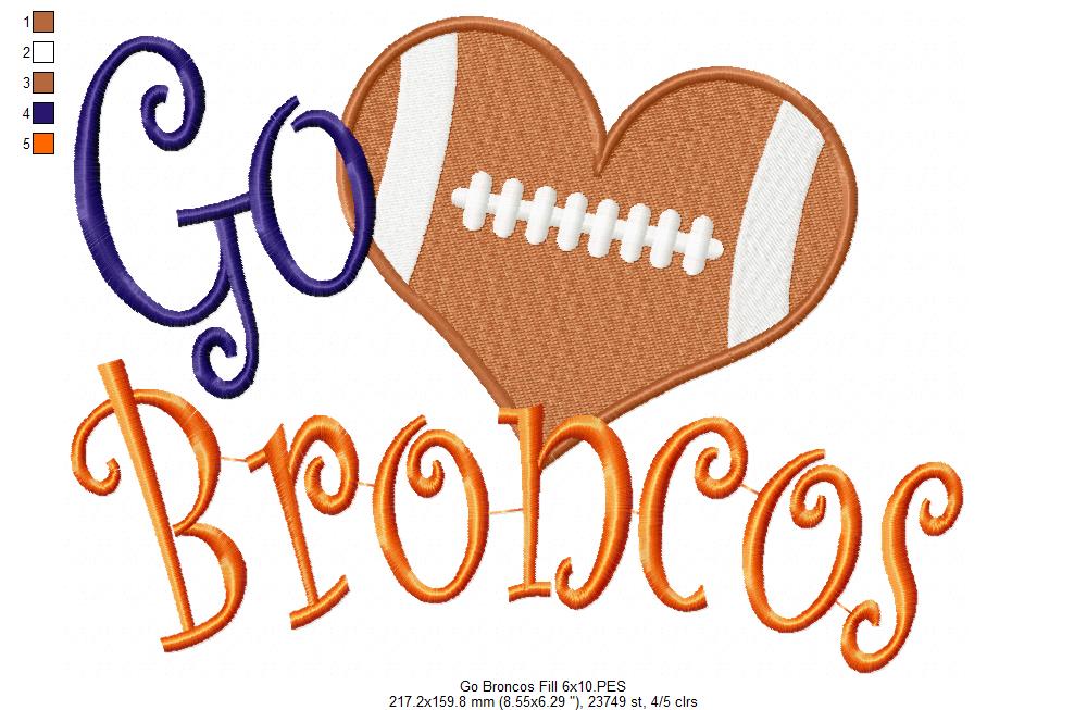 Go Broncos Football Heart – Fill Stitch – Machine Embroidery Design